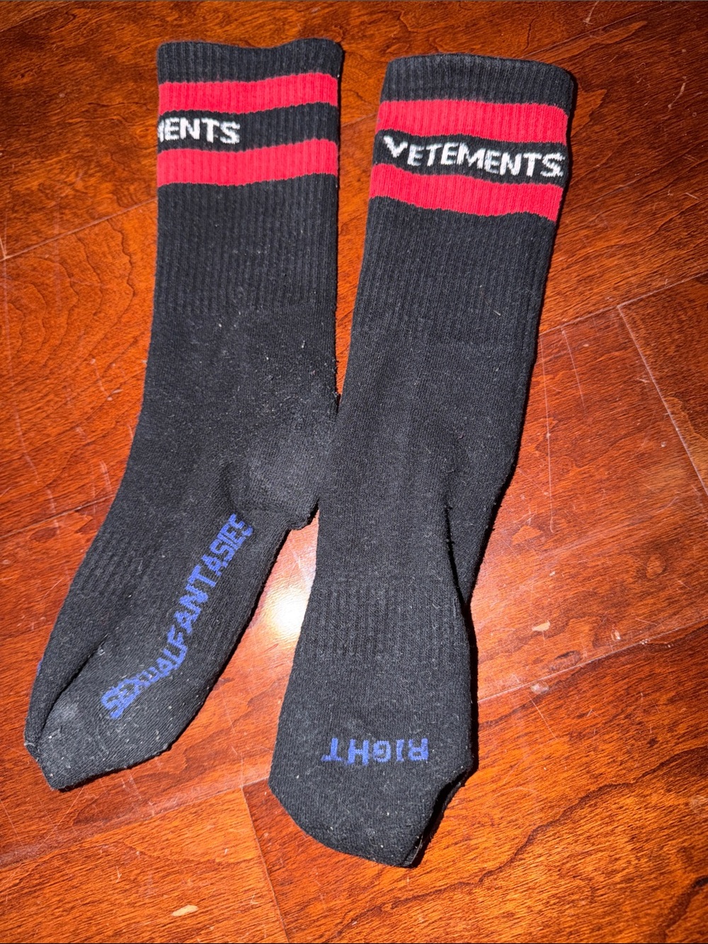 Vetements Black Crew Socks with Red Stripes and White Logo